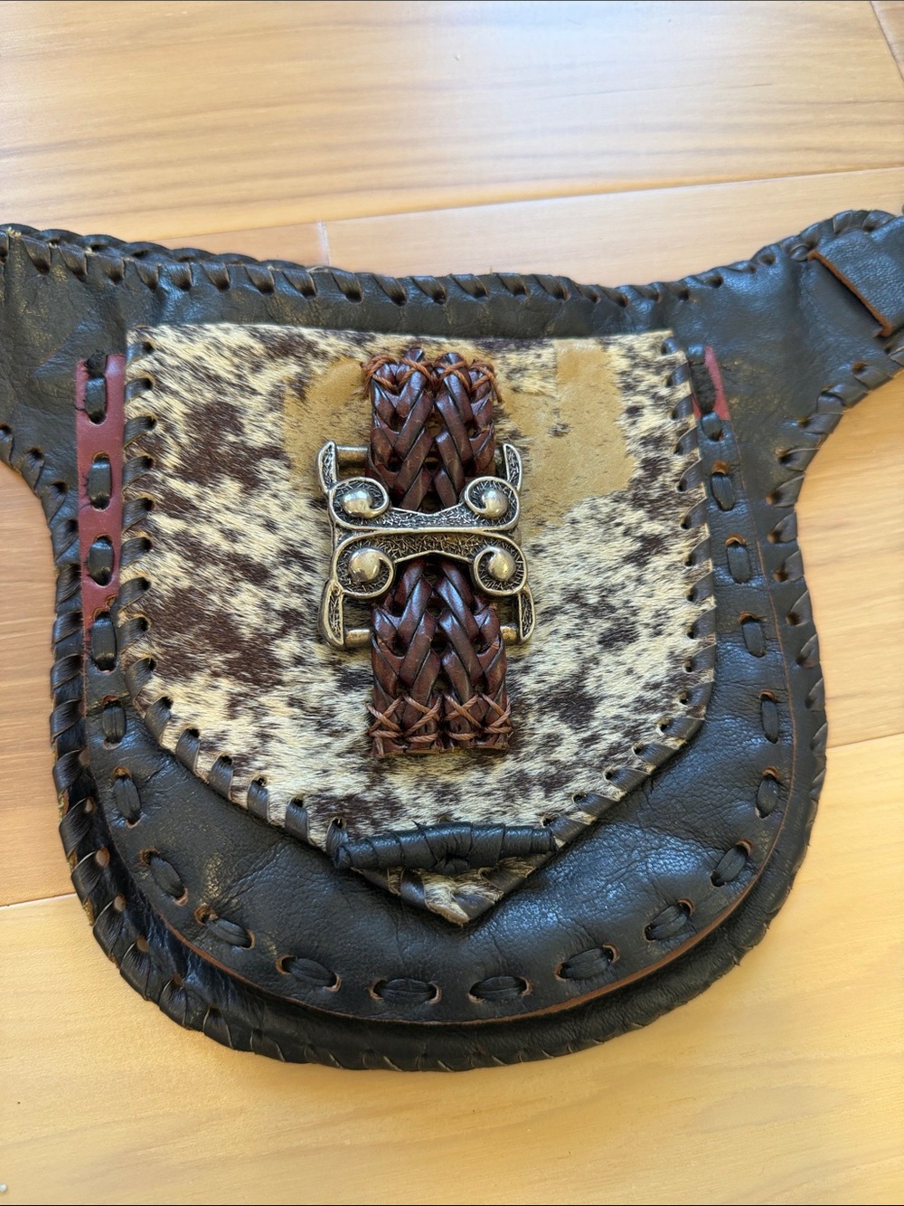 Cowhide & Braided Leather Fanny Pack with Decorative Buckle - Brown